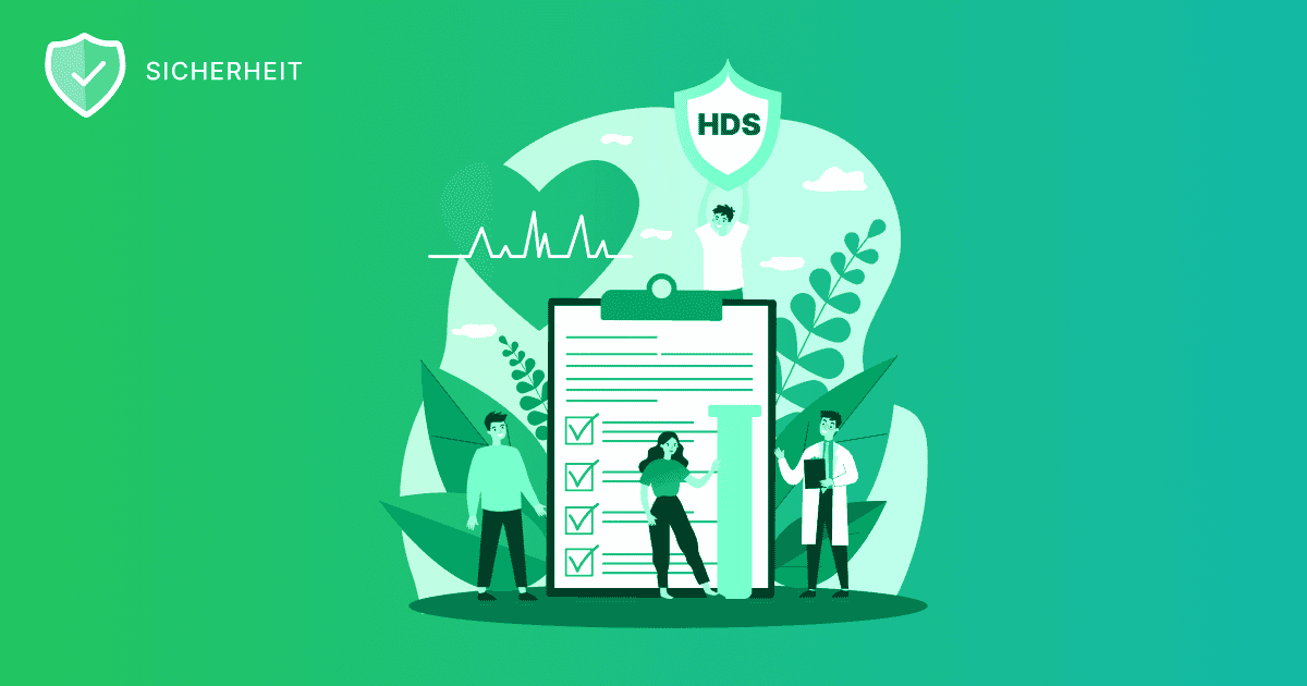 Grüne Illustration unter der Überschrift „Sicherheit“, die ein großes Klemmbrett mit abgehakten Aufgaben, ein Reagenzglas rechts daneben, ein großes Herz mit EKG-Linie im Hintergrund und drei Personen zeigt: eine Person hält einen Schild mit der Aufschrift HDS über dem Klemmbrett, eine steht links davon, und ein Arzt auf der rechten Seite hält eine Akte