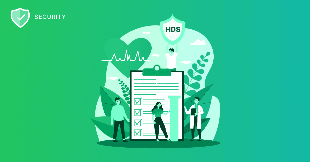 Green illustration under the heading “Security” showing a large clipboard with checked checklist items, a test tube on the right, a big heart with an ECG line in the background, and three characters: one holding a shield labeled HDS above the clipboard, another standing to the left of the clipboard, and a doctor on the right holding a folder