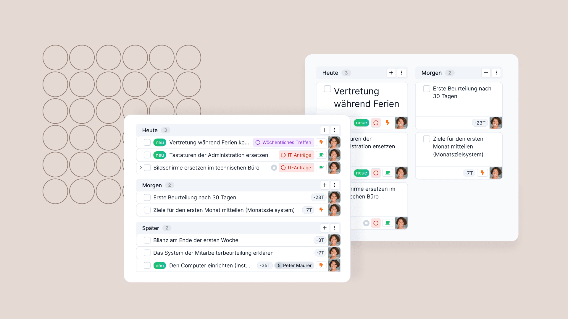 Screenshot einer Aufgabenverwaltungs-Benutzeroberfläche auf Deutsch mit Kanban-Karten, die nach „Heute“, „Morgen“ und „Später“ organisiert sind.
