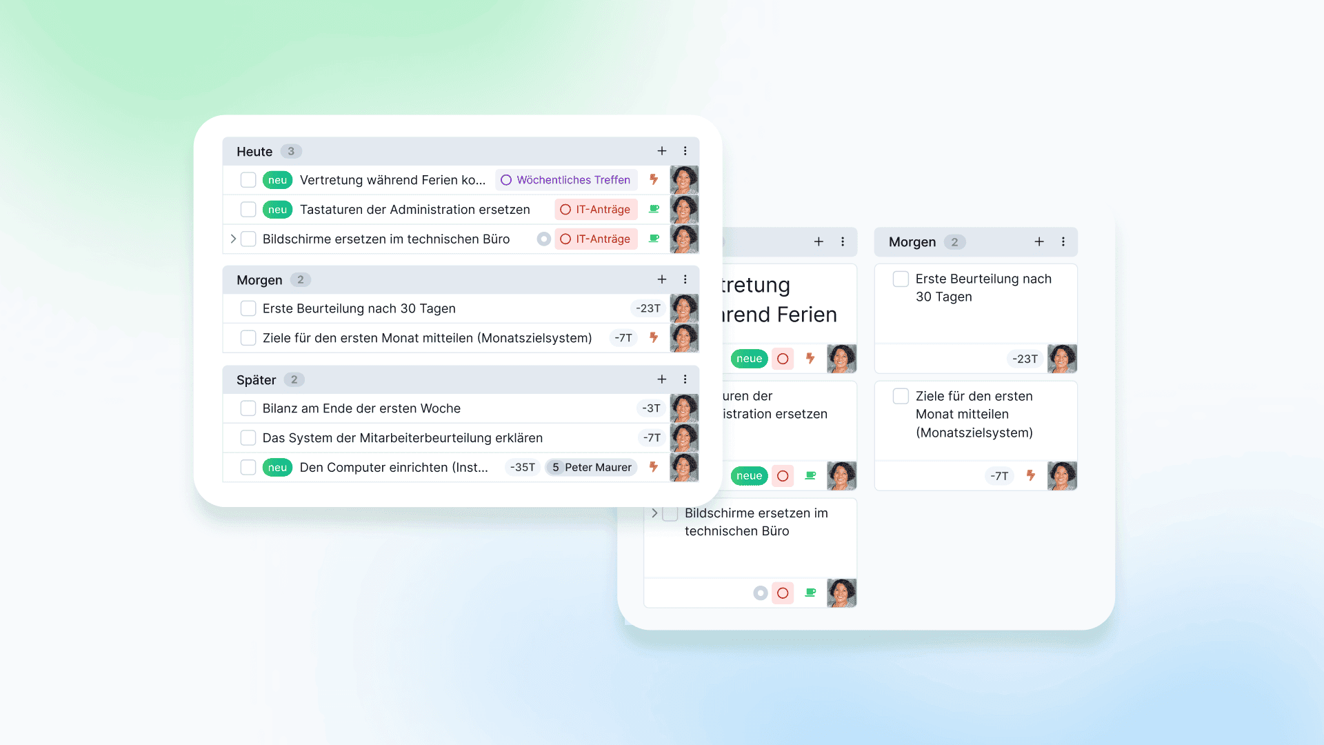 Screenshot mit drei Aufgabenlisten, beschriftet „Today“, „Tomorrow“ und „Later“, jeweils mit Kontrollkästchen, farbigen Labels und einem Profilbild