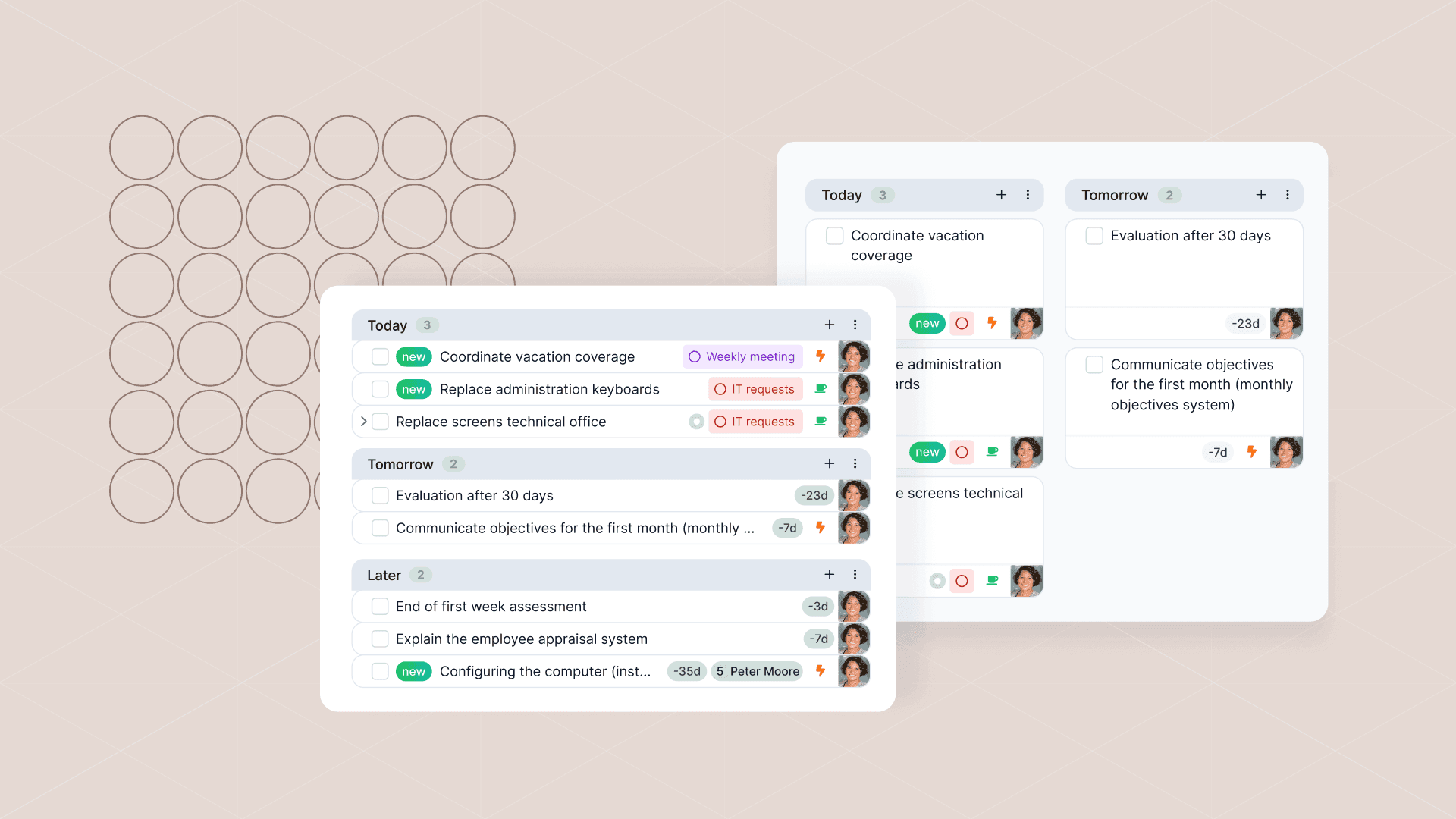 Screenshot of a task management interface in English featuring Kanban cards organized by "Today," "Tomorrow," and "Later."