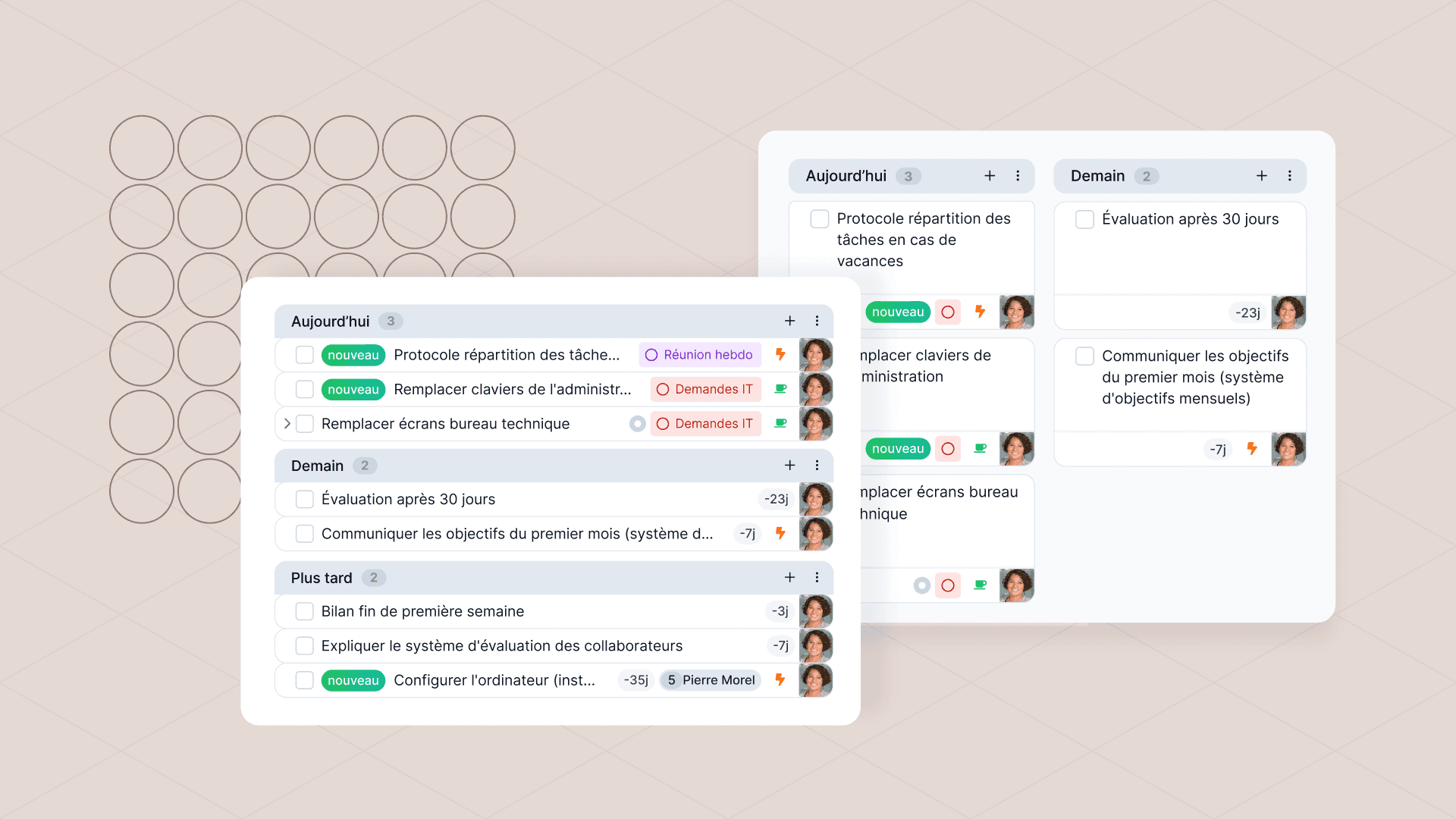 Capture d'écran d'une interface de gestion des tâches en français avec des cartes Kanban classées par « Aujourd'hui », « Demain » et « Plus tard ».