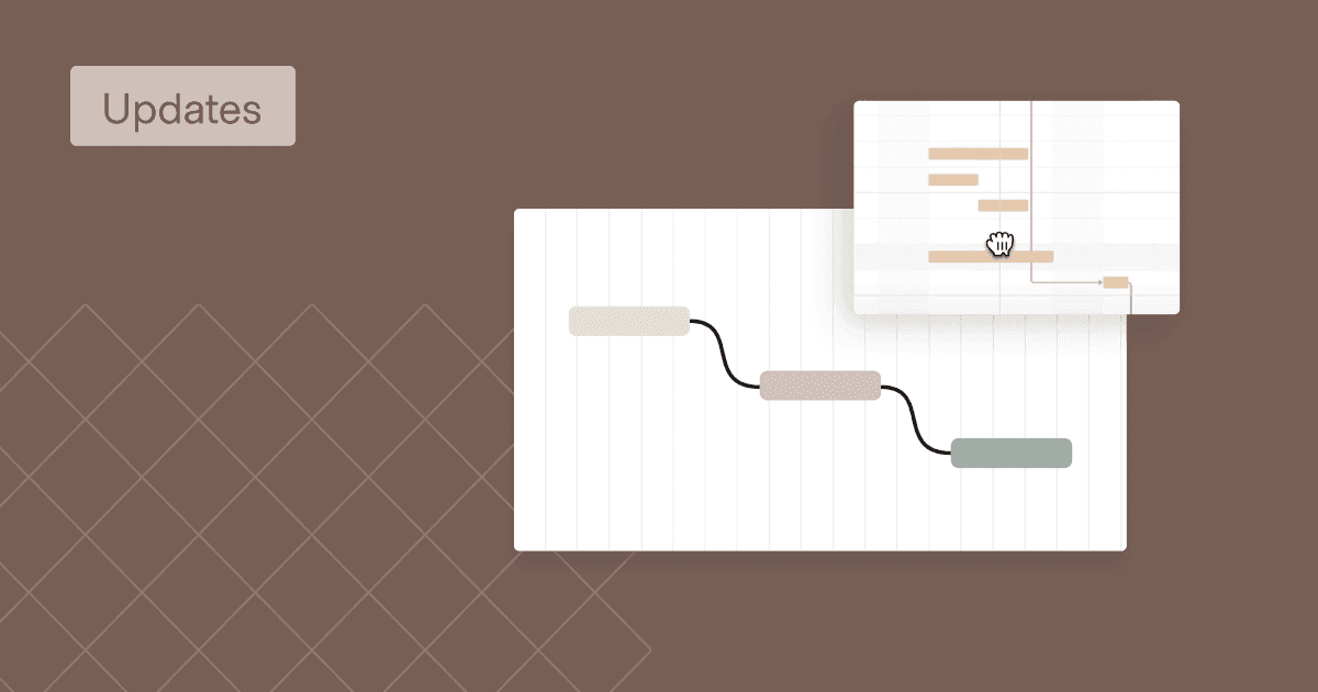 Graphic display showing Gantt chart timelines and project dependency flows on a grid pattern background.