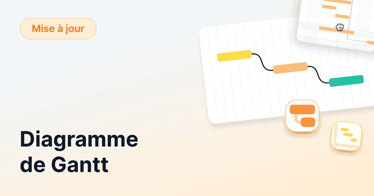 Vue stylisée d’un diagramme de Gantt avec des barres colorées et deux icônes Gantt sur un fond clair en dégradé, accompagné du texte « Mise à jour » et « Diagramme de Gantt »