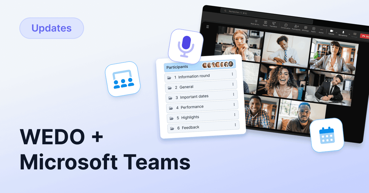Graphic titled “WEDO + Microsoft Teams.” Shows an online meeting with several participants, WEDO agenda items, and icons for microphone, calendar, and meeting.