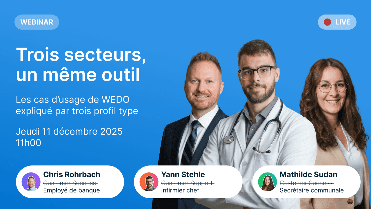 Trois intervenants représentant une banque, la santé et une commune posent devant un fond bleu pour un webinar présentant trois profils types de WEDO.