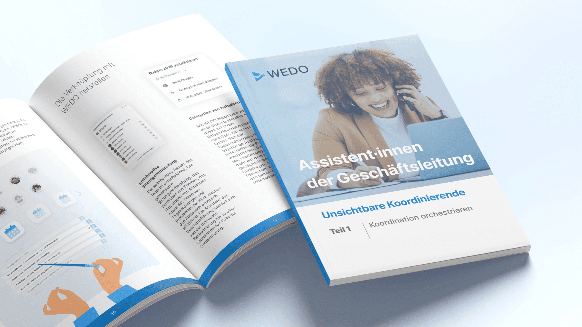 Nahaufnahme eines offenen Whitepapers über kollaborative Meeting-Vorbereitung und Aufgaben-Delegation, auf dessen Cover eine Management-Assistentin abgebildet ist.