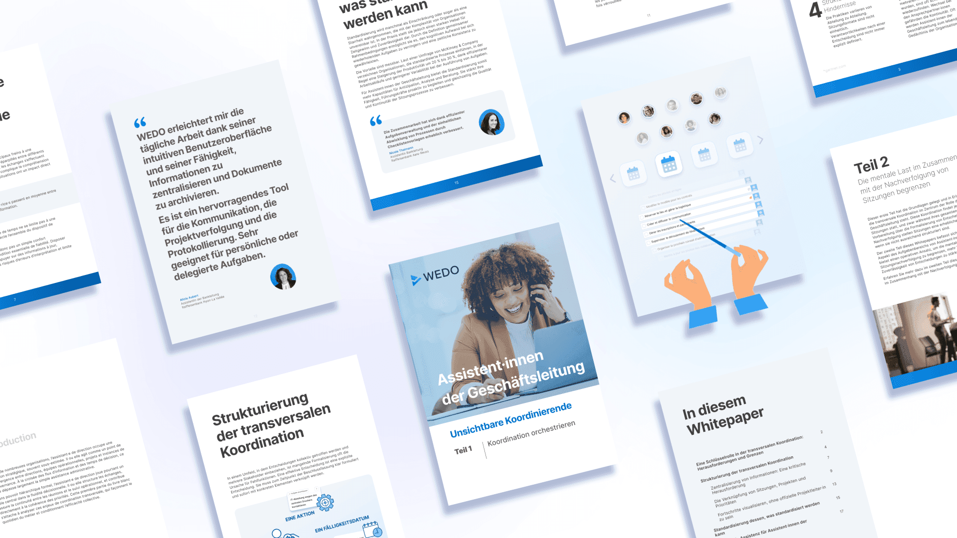 Grafisches Layout der Seiten eines Whitepapers mit dem Titel „Executive Assistants: The Invisible Orchestrators“ von WEDO, mit Fokus auf funktionsübergreifende Koordination.