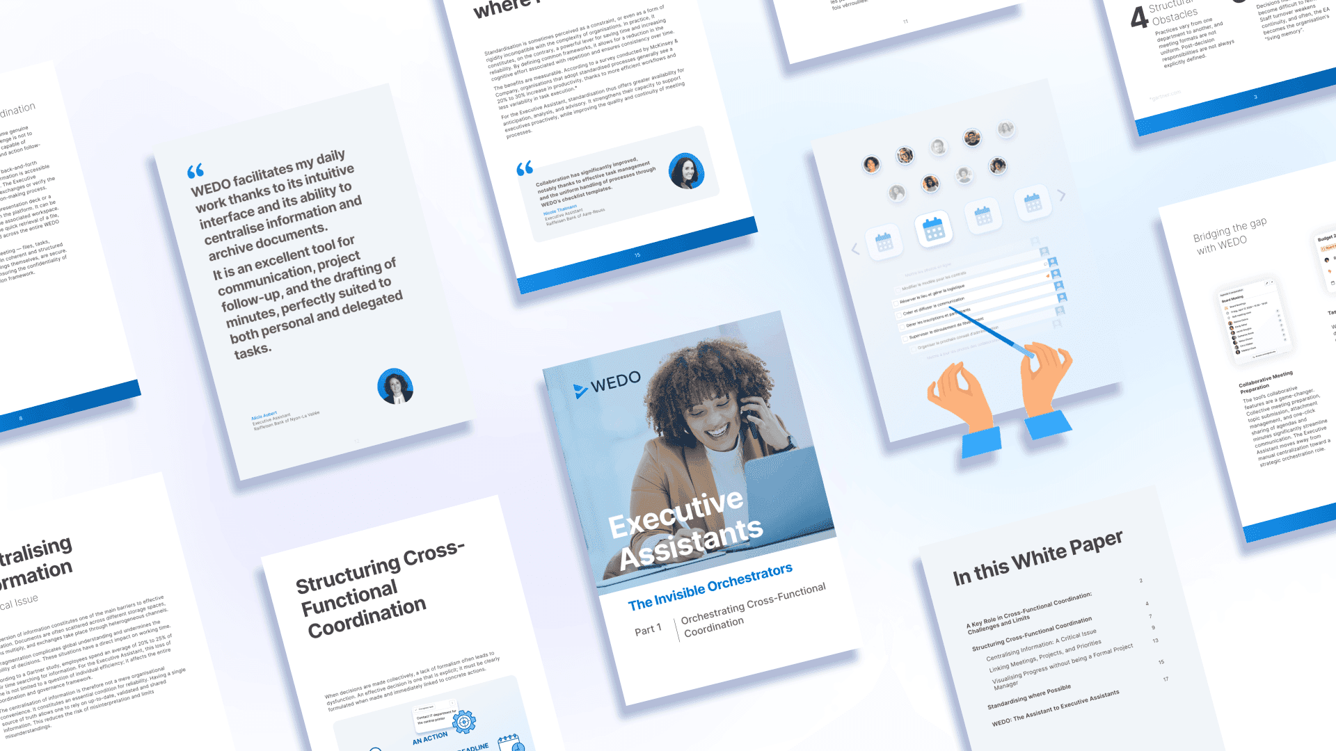 Graphic layout of white paper pages titled "Executive Assistants: The Invisible Orchestrators" by WEDO, focusing on cross-functional coordination.