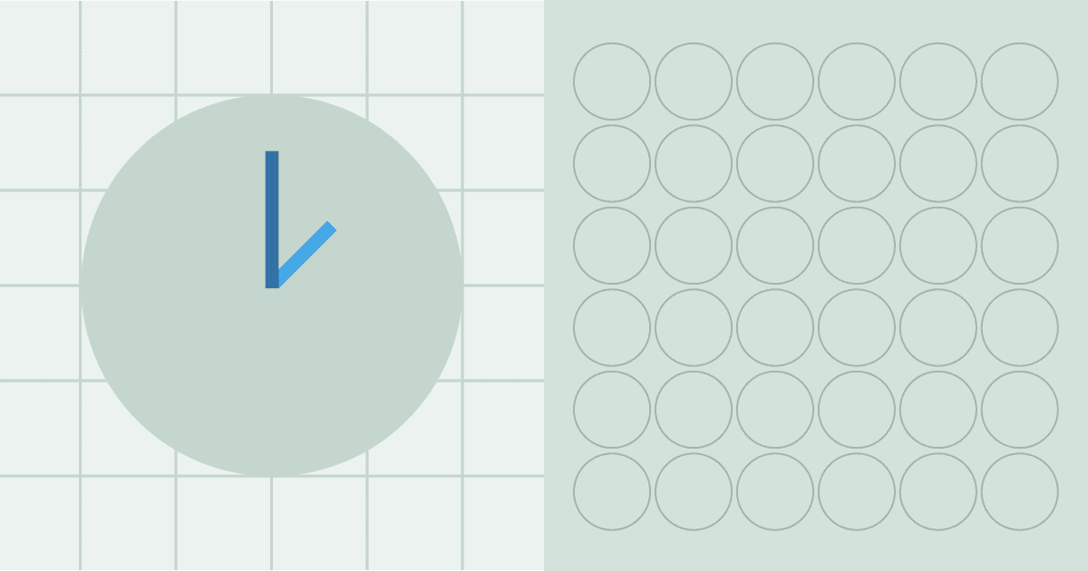 mint green graphic split into a clock face on a square grid on the left and a 6x6 grid of outlined circles on the right.