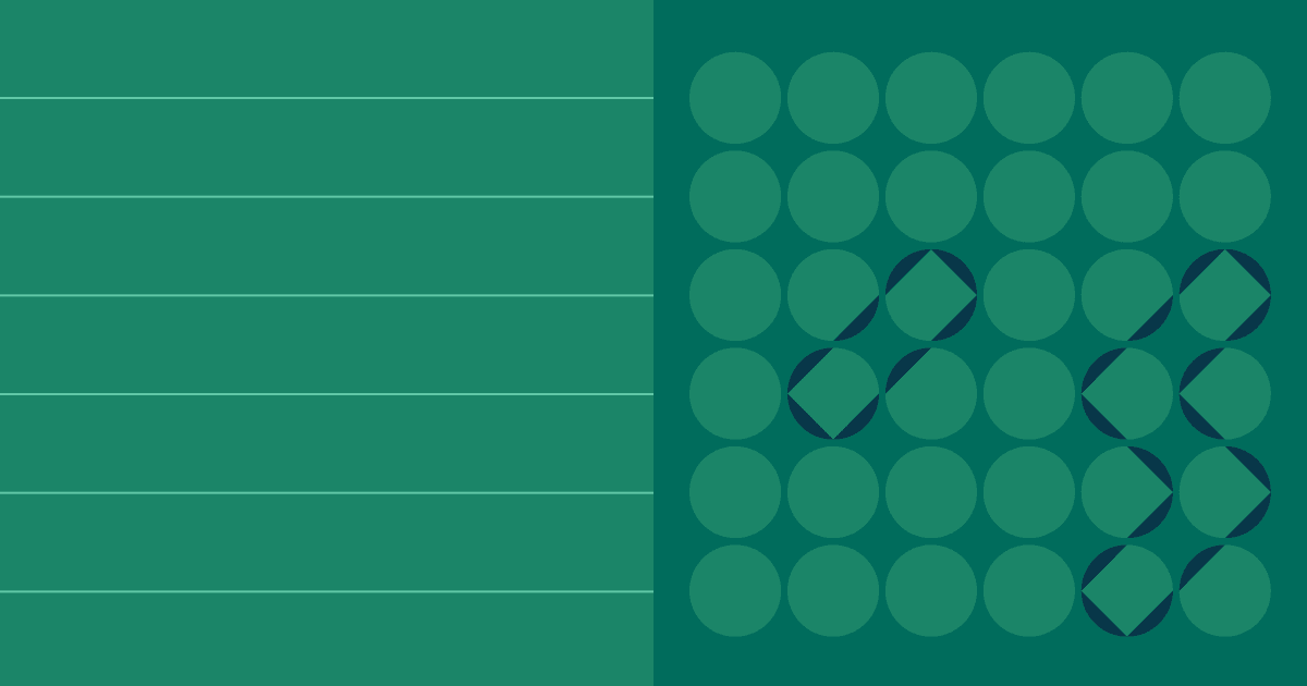 Emerald green graphic showing horizontal lines on the left split against a 6x6 circle grid on the right, featuring dark navy diamond accents.