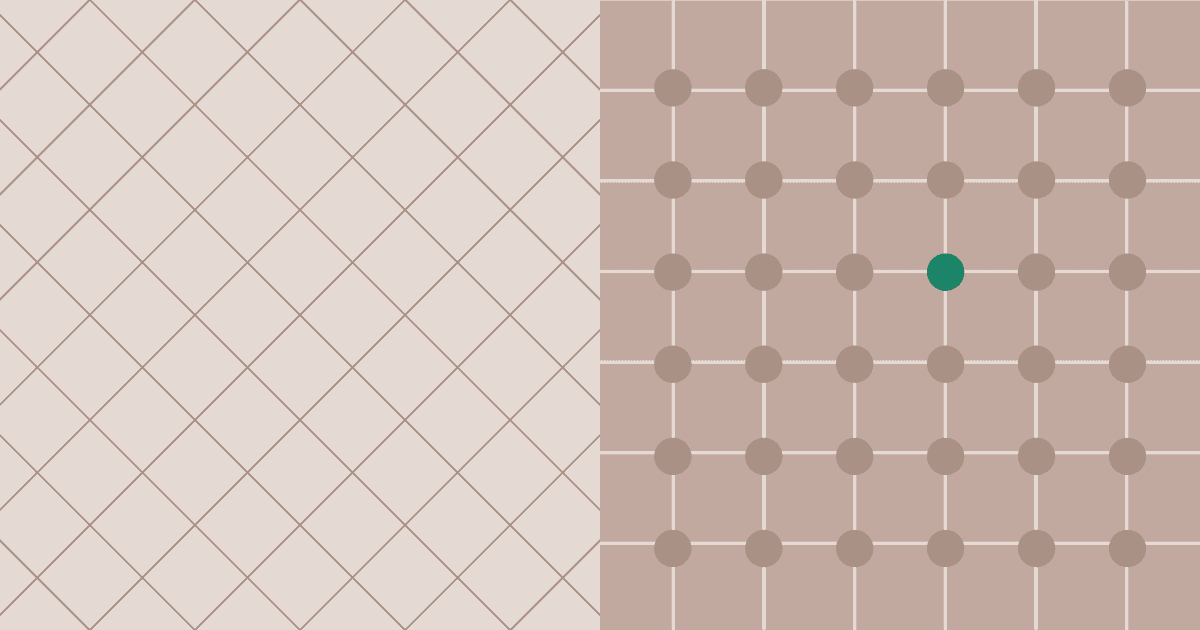 Beige graphic featuring a diagonal diamond grid on the left split against a node grid on the right with one green highlighted dot.