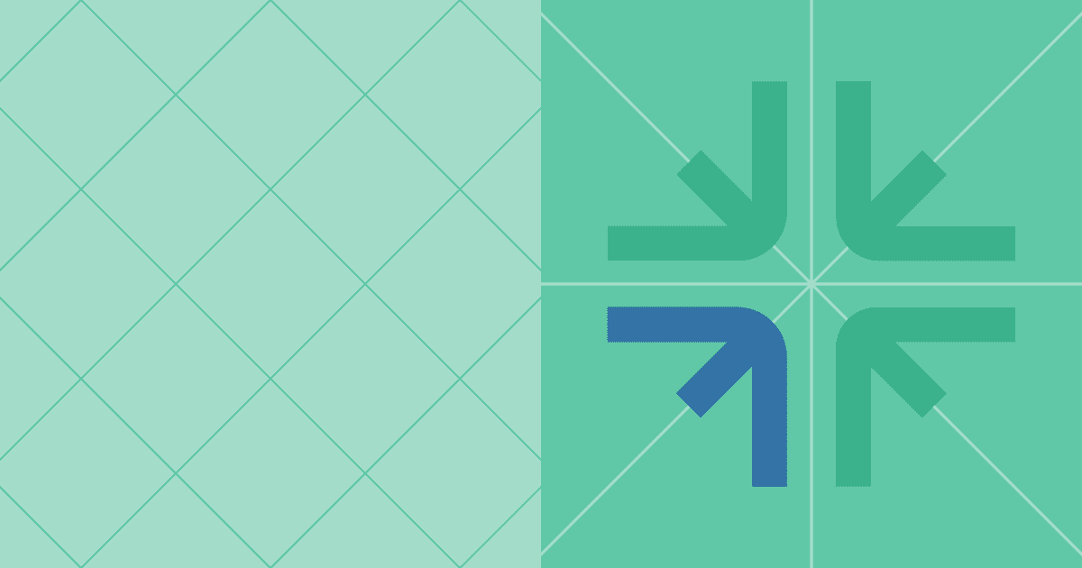 Mint green graphic split into a diagonal diamond grid on the left and four inward-pointing corner arrows on the right, with one arrow colored blue.