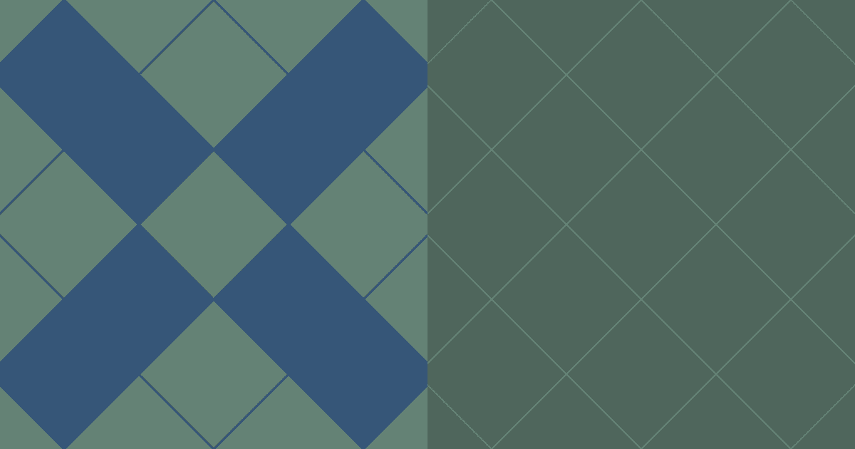 Dark sage green graphic showing a large dark blue 'X' motif over a diamond grid on the left and a plain diamond grid on the right.