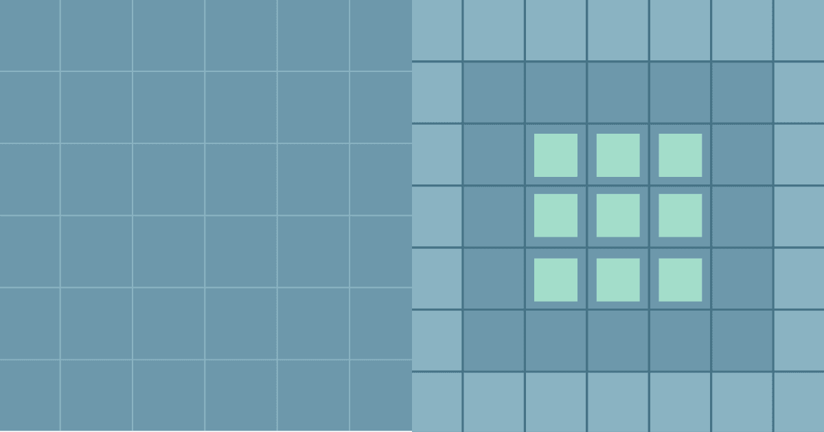 Slate blue graphic with a plain grid on the left and a nested square grid on the right featuring a 3x3 array of light-green inner squares.