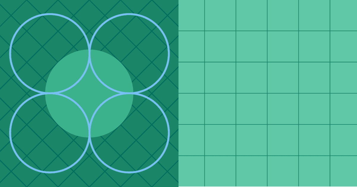 Green visual showing four large intersecting light-blue circles forming a central darker circle on the left adjacent to a square grid on the right.