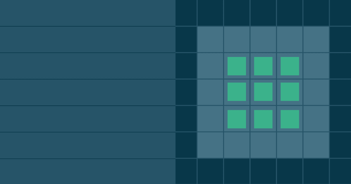 Dark teal graphic split into horizontal lines on the left and a nested square grid on the right featuring a 3x3 array of bright green inner squares.