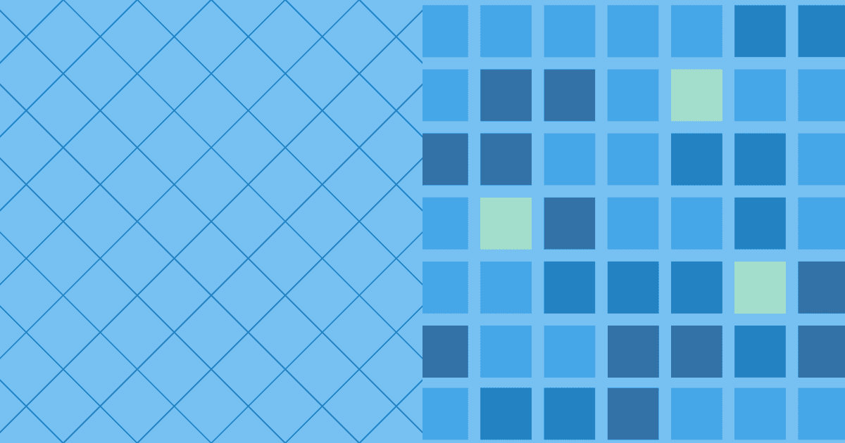 Bright blue visual split into a diagonal diamond grid on the left and a square grid on the right featuring three light-green highlighted tiles.