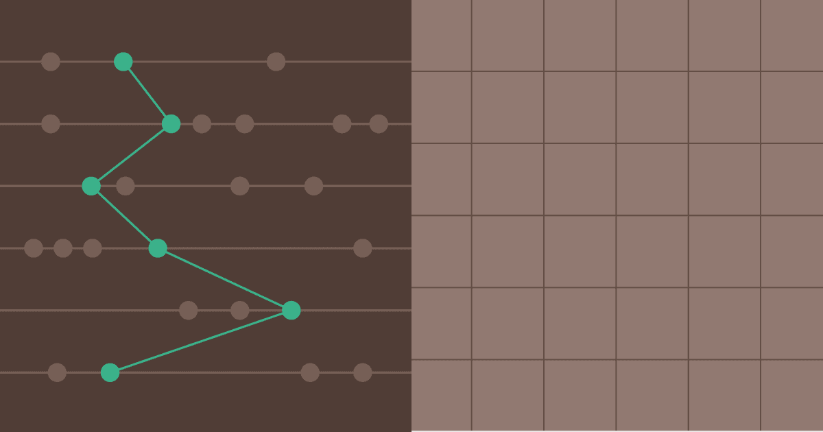 Brown visual featuring horizontal lines on the left connected by a green zigzag line through data points, adjacent to a plain grid on the right.