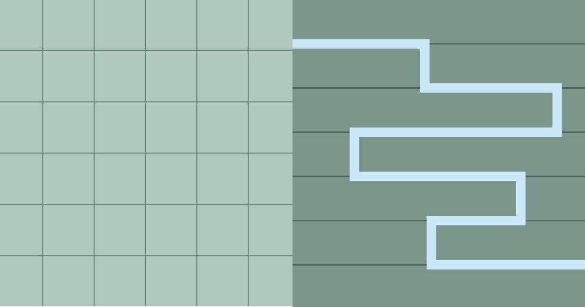 Muted green visual featuring a square grid on the left alongside horizontal lines traversed by a light-blue stepped path on the right.