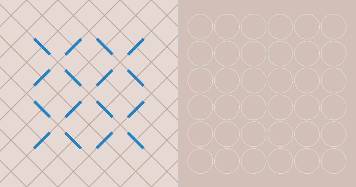 Beige graphic split into a diagonal diamond grid on the left with blue diagonal accent slashes and a grid of outlined circles on the right.