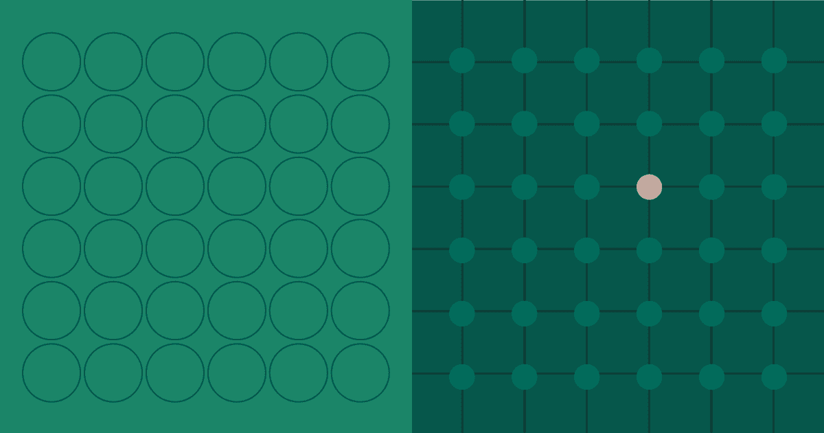 Emerald and dark green graphic split into a grid of outlined circles on the left and a node grid on the right featuring one highlighted beige dot.