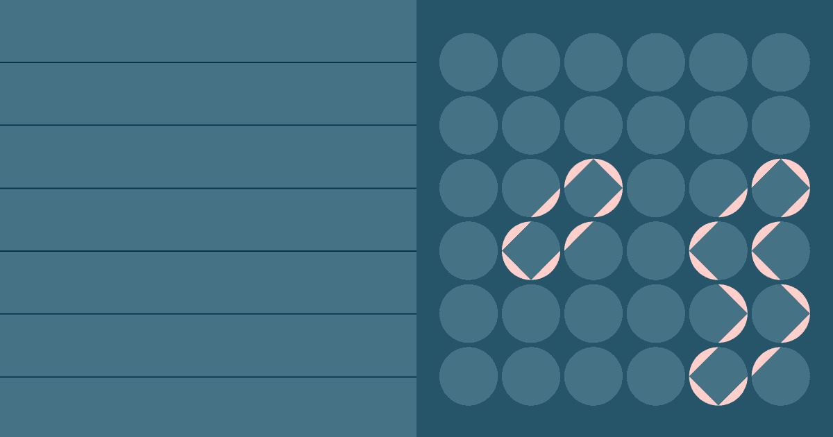 Dark blue graphic showing horizontal lines next to a grid of circular nodes with highlighted connected paths.