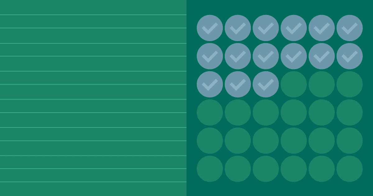 Emerald green graphic split into horizontal lines on the left and a grid of circular checkmark icons on the right.
