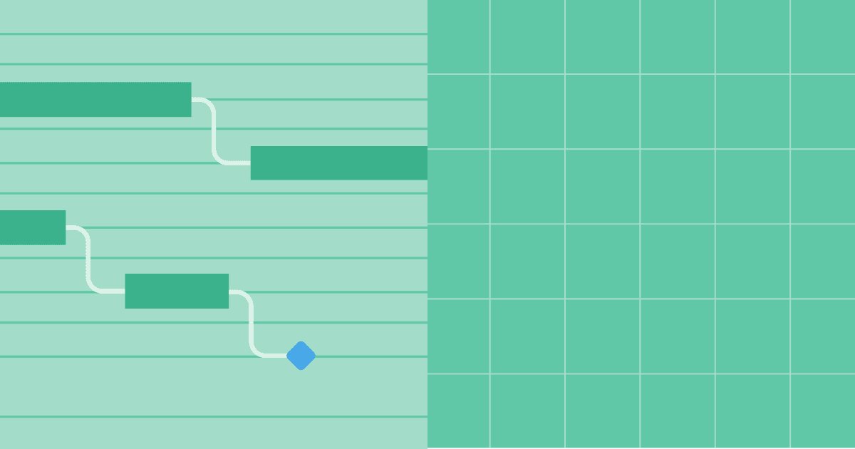 Light green graphic showing a Gantt chart workflow with connected task blocks and a diamond milestone on the left, next to a clean square grid pattern.