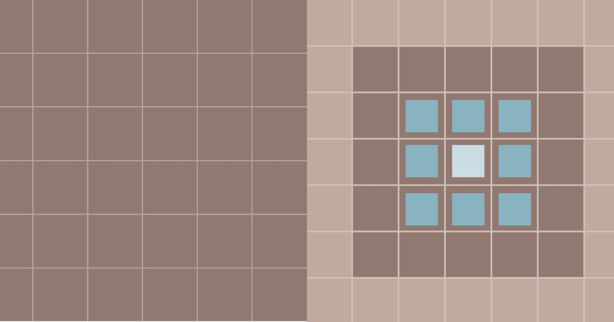 Brown and beige visual showing a square grid on the left beside a nested grid panel on the right featuring blue tiles surrounding a single light central tile.