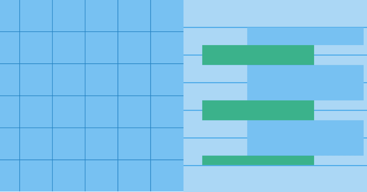 Light blue graphic featuring a clean square grid on the left adjacent to overlapping horizontal task bars in green and blue on the right.
