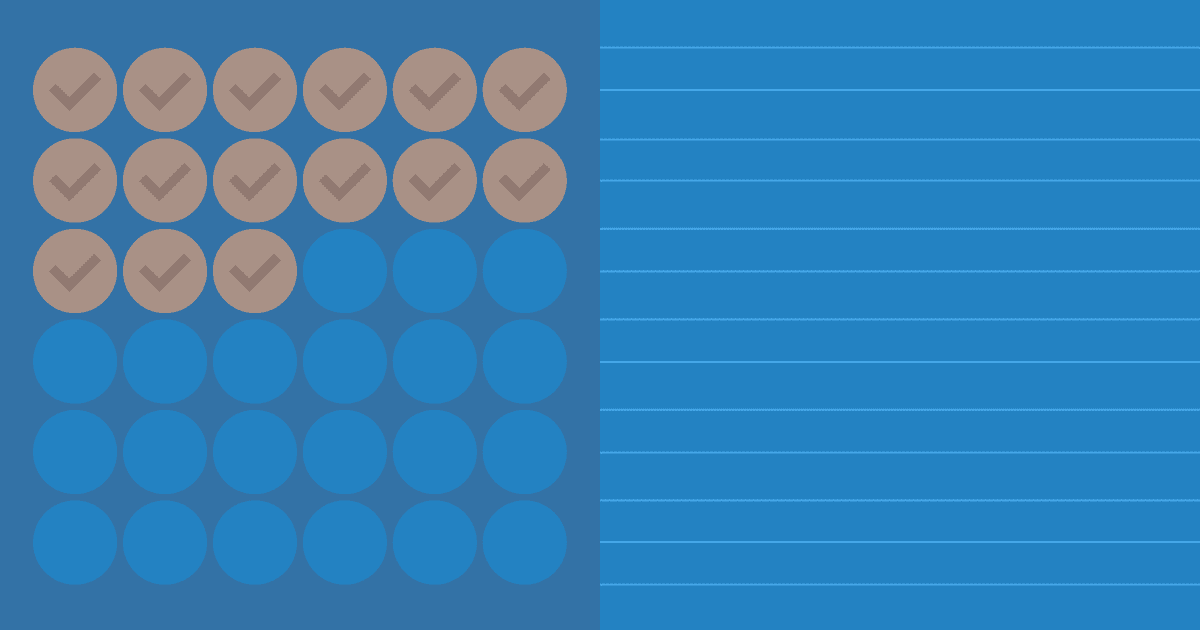 Blue abstract visual featuring a grid of circular icons—some filled with checkmarks—alongside horizontal lined paper formatting.