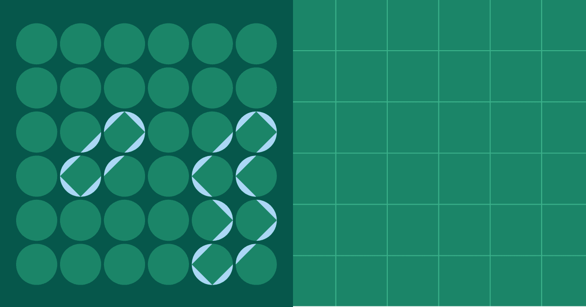 Abstract dark teal graphic split into two sections, featuring a grid of circles with highlighted diagonal path segments on the left and a plain square grid on the right.