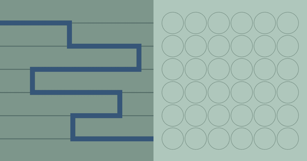 Muted green graphic showing a stepped, zigzagging process path on the left adjacent to a uniform grid of outlined circles on the right.