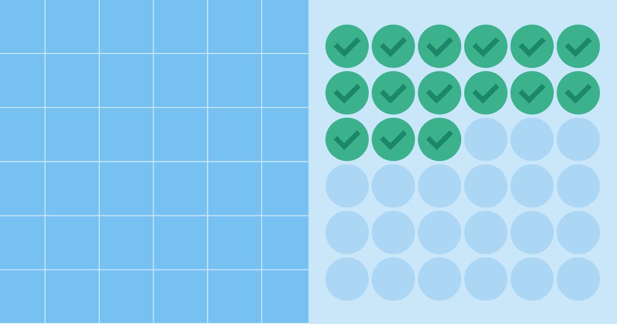 Bright blue split visual displaying a clear square grid on the left alongside a grid of circular icons—with the top section filled with checkmarks—on the right.