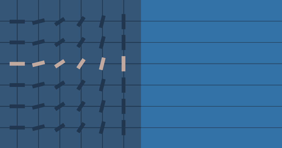 Blue abstract visual featuring a grid of small rotating dash indicators on the left with one highlighted row, set beside horizontal ruled lines on the right.