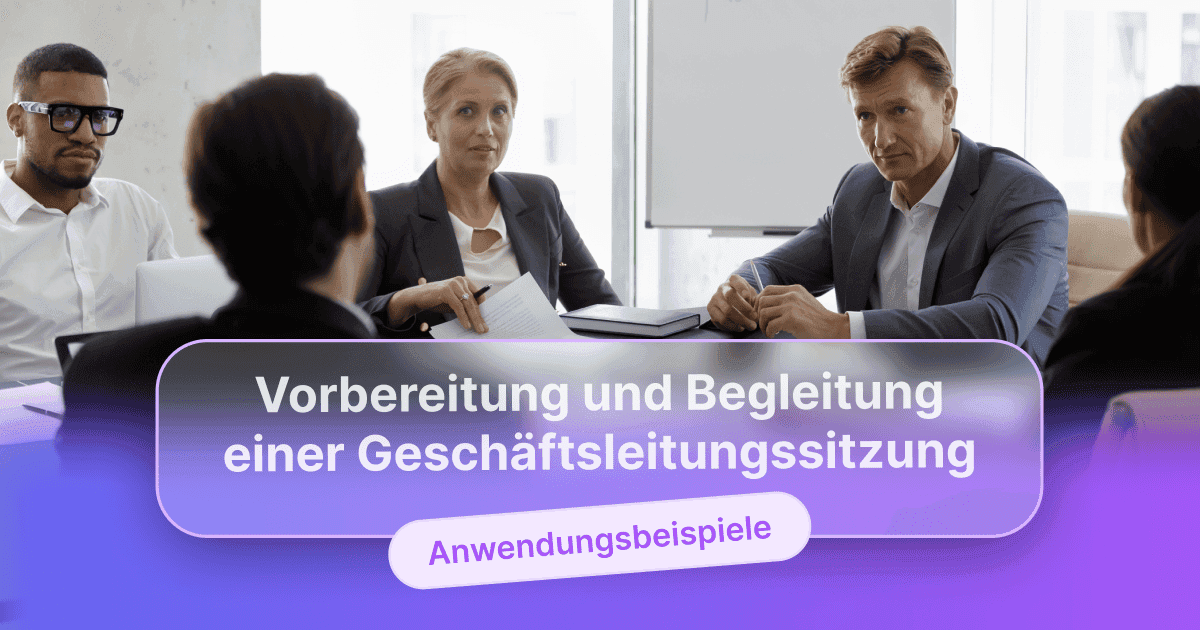 Vier Personen in einer Vorstandssitzung um einen Tisch, die aufmerksam zuhören und Notizen machen, überlagert mit dem Text „Vorbereitung und Nachverfolgung eines Führungsausschusses“ und „Anwendungsbeispiel“