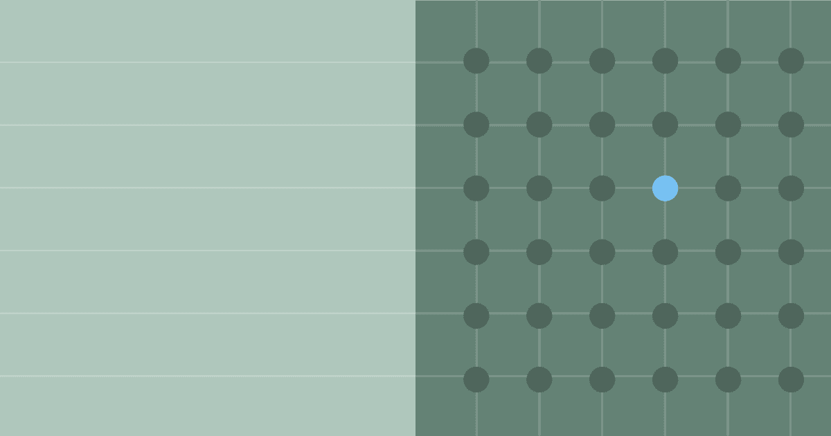 Sage green graphic split into plain horizontal ruled lines on the left and a dark green grid of circular node intersections with a single highlighted light blue dot on the right.