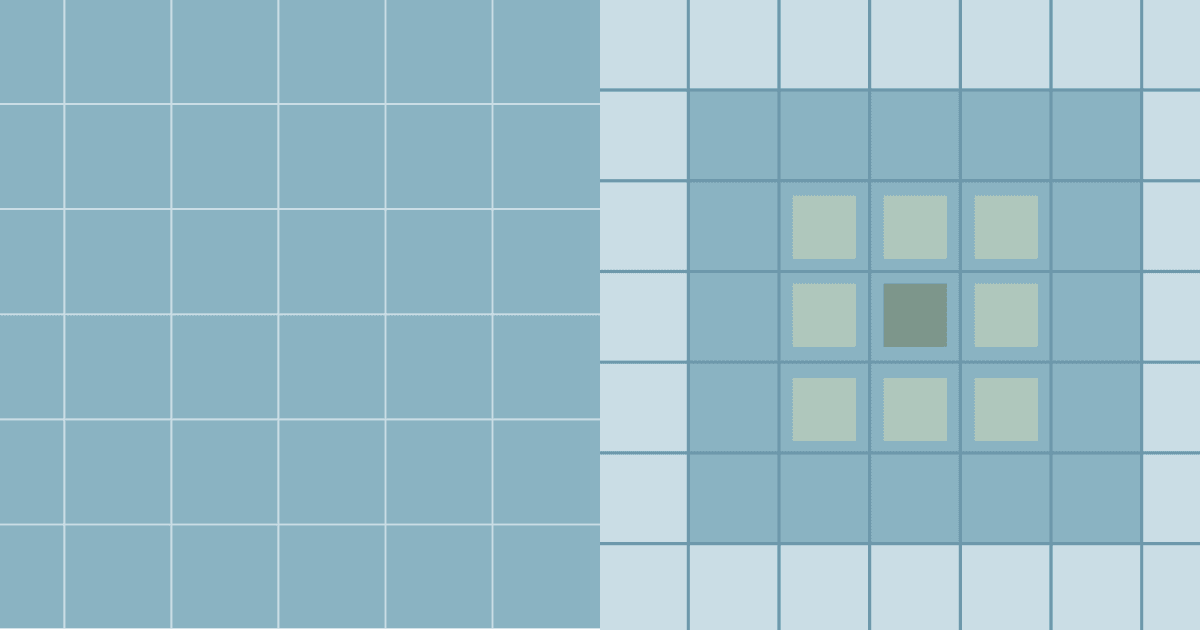 Muted blue-green visual showing a plain grid layout on the left next to a nested grid pattern on the right with light green squares surrounding a darker central tile.