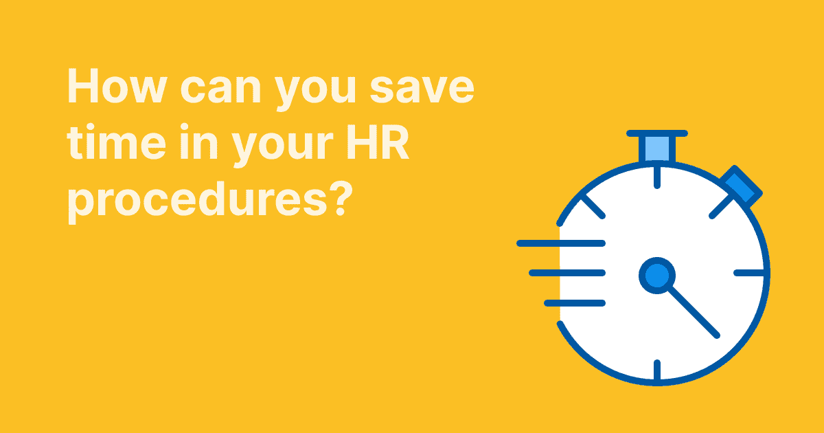 This image asks how to save time in your HR processes, illustrated with a fast-moving stopwatch on a yellow background