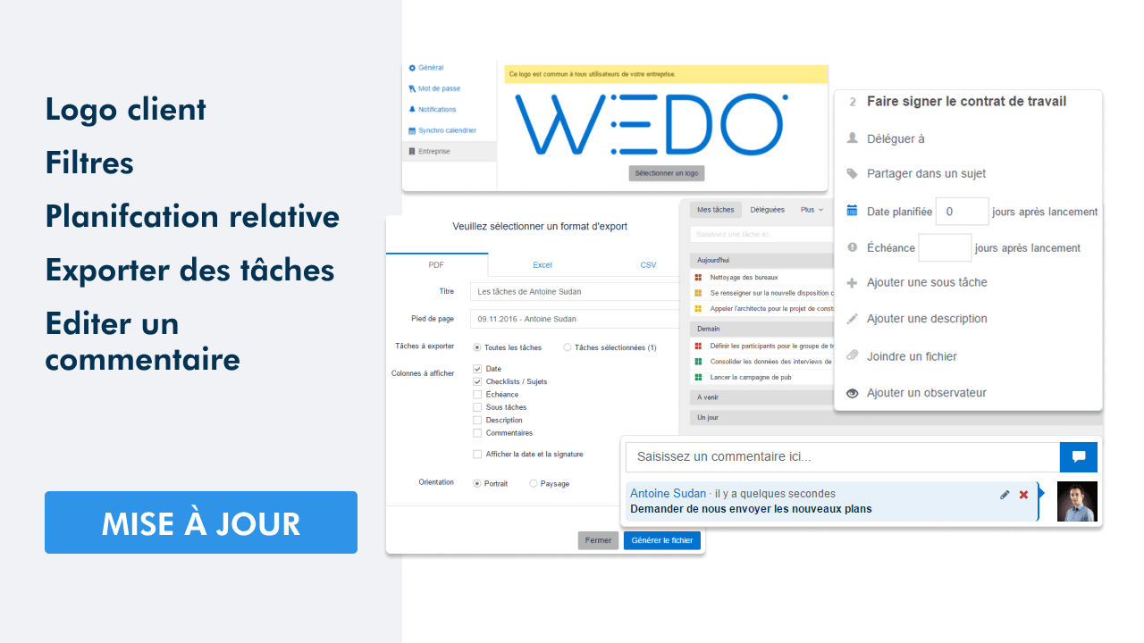 Présentation des fonctionnalités de mise à jour WEDO avec filtres et édition de commentaires
