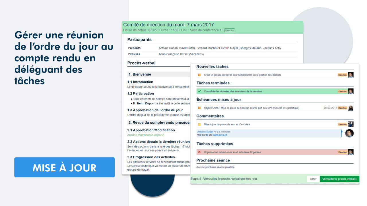 Mise à jour: article expliquant la gestion d'une réunion de l'ordre du jour au compte rendu avec délégation des tâches