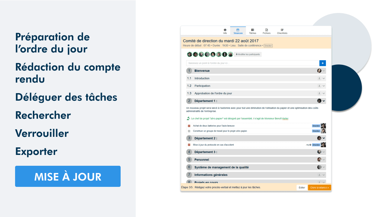 Article "mise à jour": décrivant les nouvelles fonctionnalités de gestion de réunion et d'ordre du jour