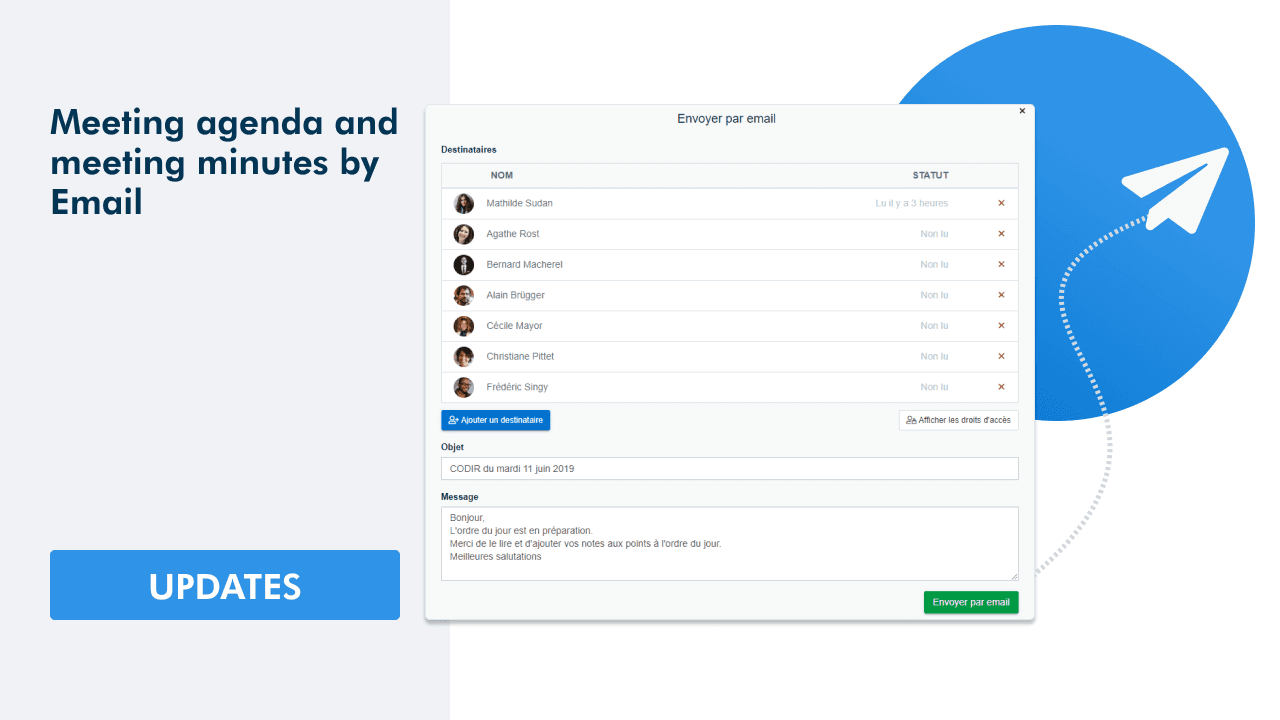Screenshot of the WEDO meeting interface, more specifically of the recipient selection window for sending meeting minutes