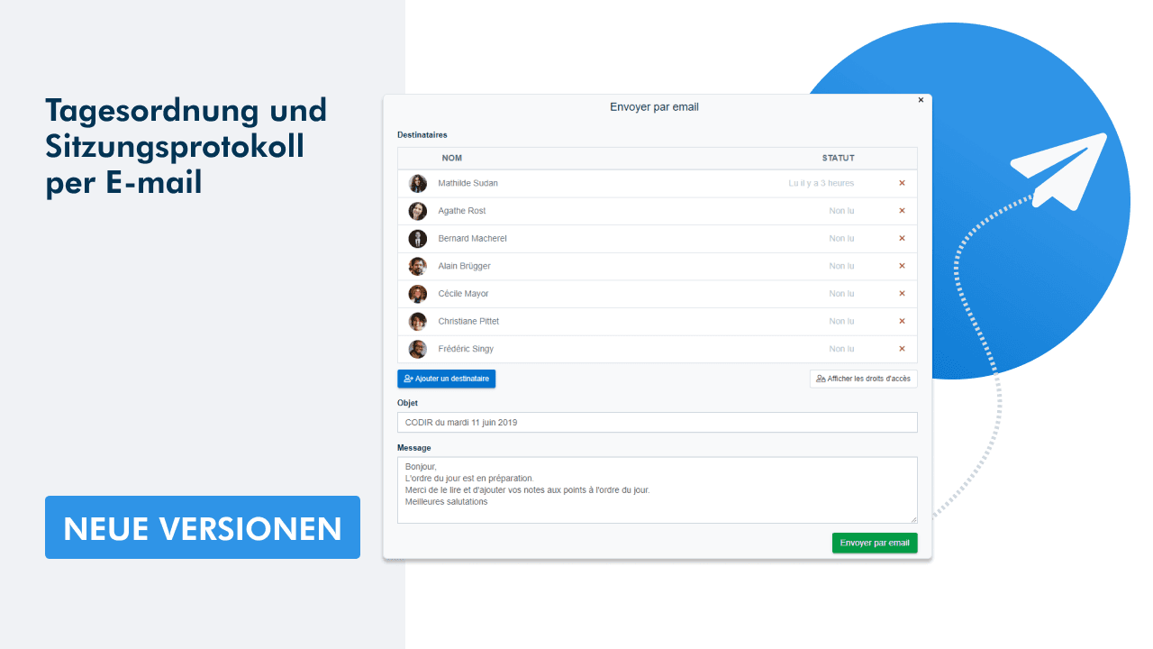 Screenshot der WEDO-Besprechungsoberfläche, genauer gesagt des Fensters zur Auswahl der Empfänger für den Versand von Sitzungsprotokollen und der Vorlage für die Tagesordnung.