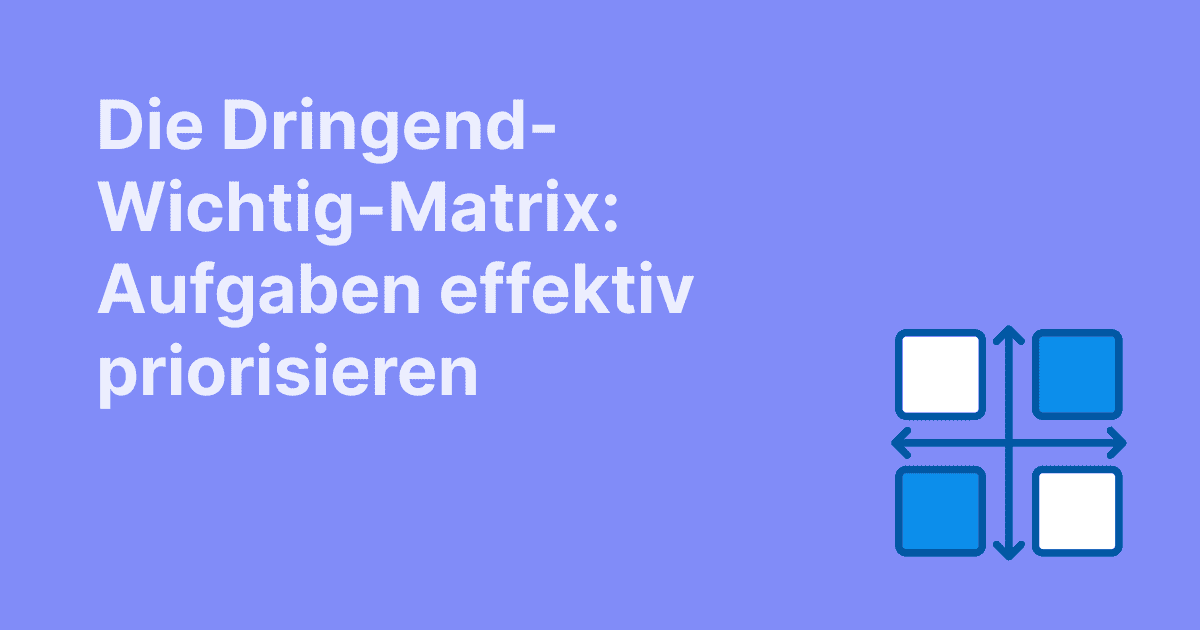Bild mit dem Text „Die Dringend-Wichtig-Matrix: Aufgaben effektiv priorisieren“ und einer grafischen Darstellung einer Vierfeldermatrix mit Pfeilen.