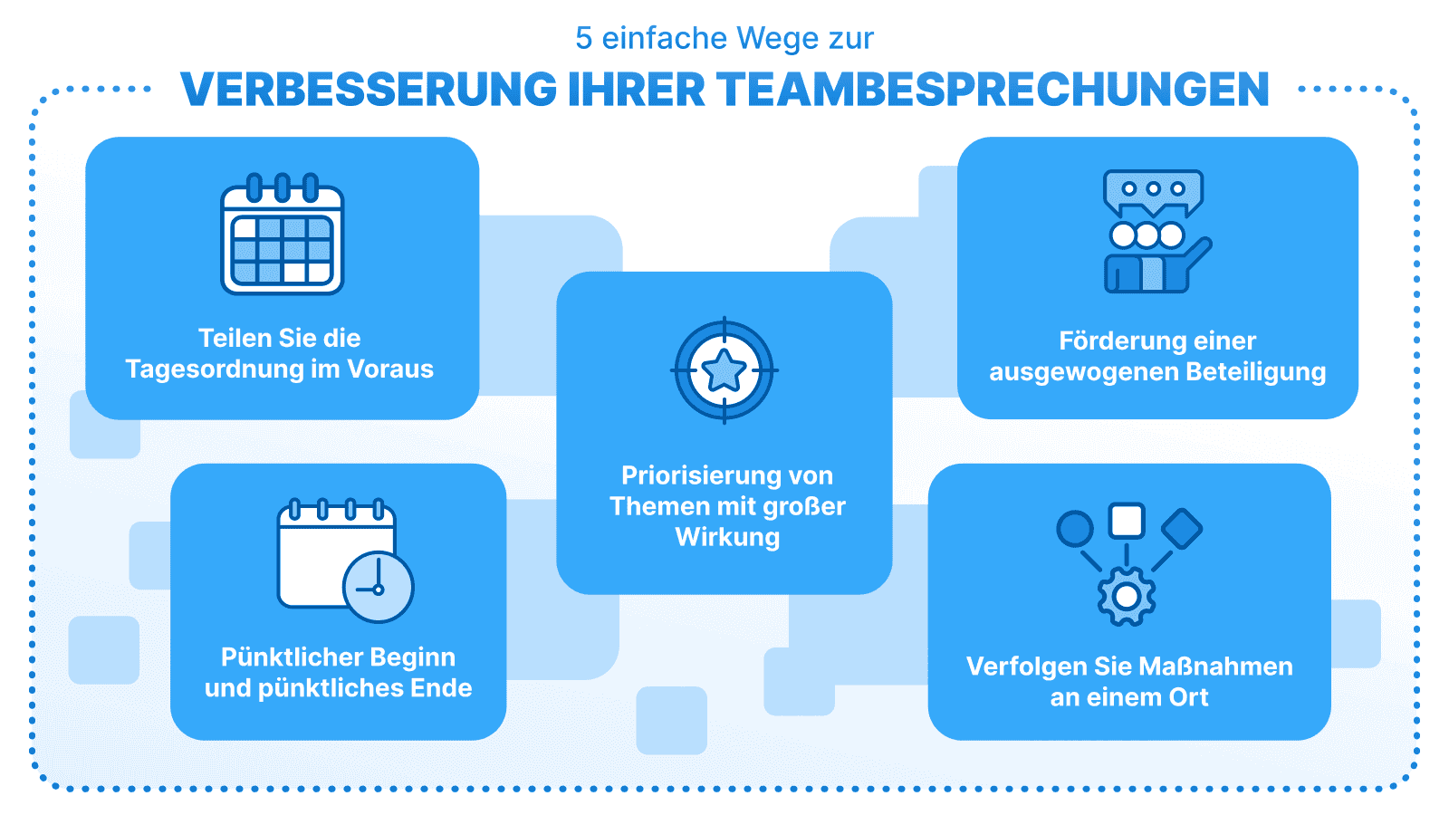 Infografik mit dem Titel „5 einfache Wege zur Verbesserung Ihrer Teambesprechungen“, die fünf zentrale Maßnahmen zeigt: Tagesordnung im Voraus teilen, ausgewogene Beteiligung fördern, wichtige Themen priorisieren, pünktlich beginnen und enden, sowie Maßnahmen an einem Ort verfolgen