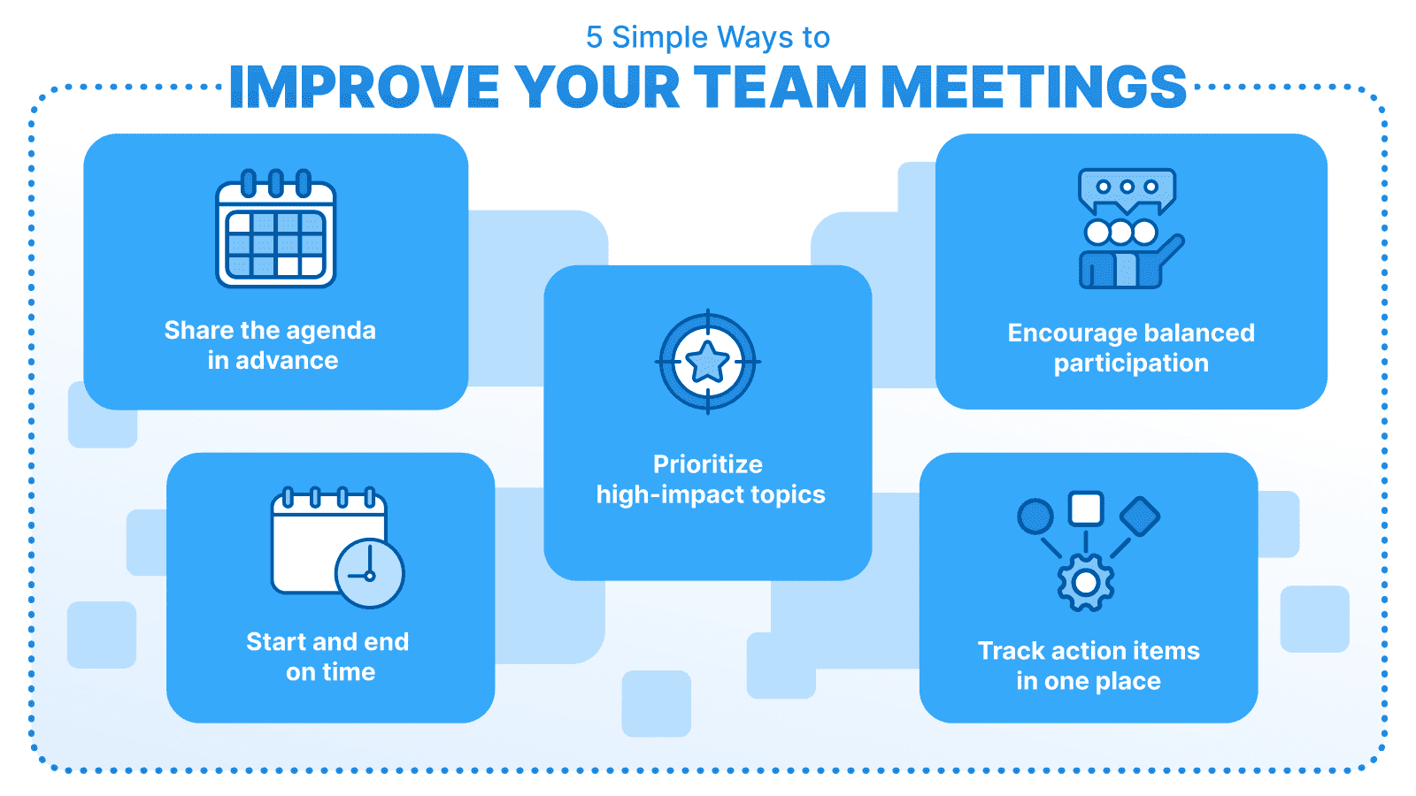 Infographic titled "5 Simple Ways to Improve Your Team Meetings" showing five key practices: share the agenda in advance, encourage balanced participation, prioritize high-impact topics, start and end on time, and track action items in one place