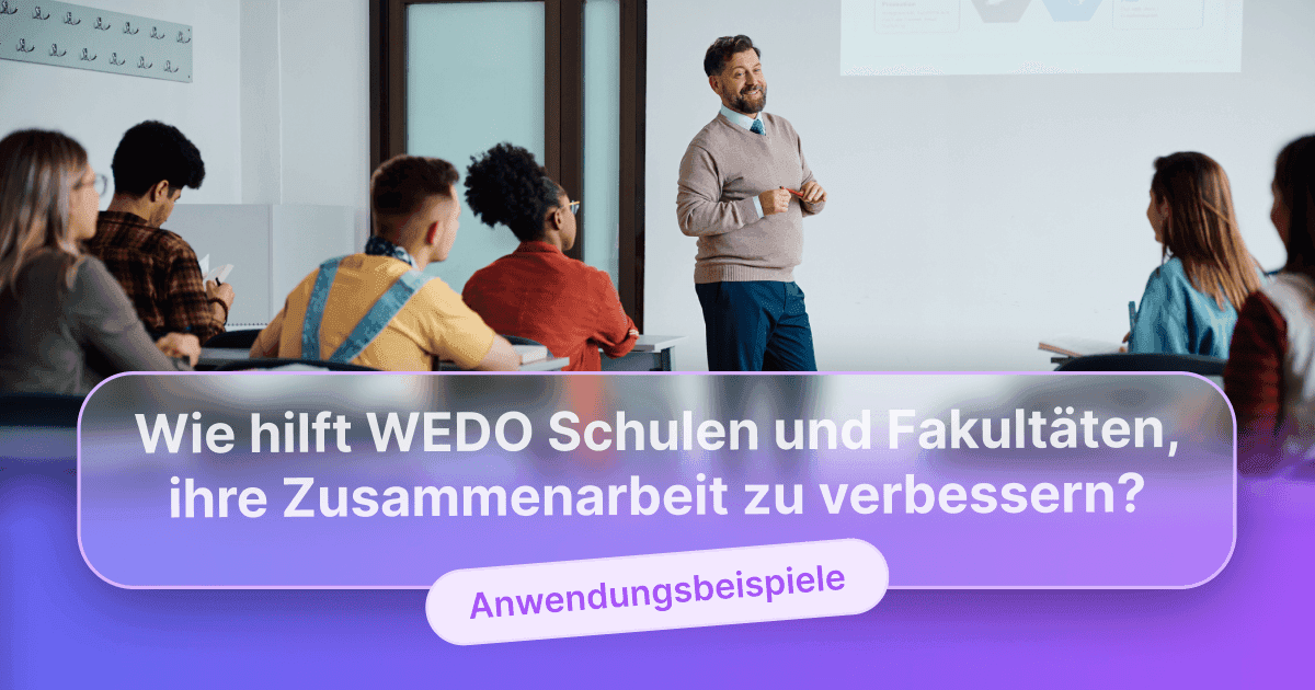 Ein Lehrer steht vor sitzenden Schülern in einem Klassenzimmer und interagiert mit ihnen, überlagert mit dem Text „Wie WEDO Schulen und Fakultäten dabei hilft, ihre Zusammenarbeit zu verbessern?“ und „Anwendungsbeispiele“