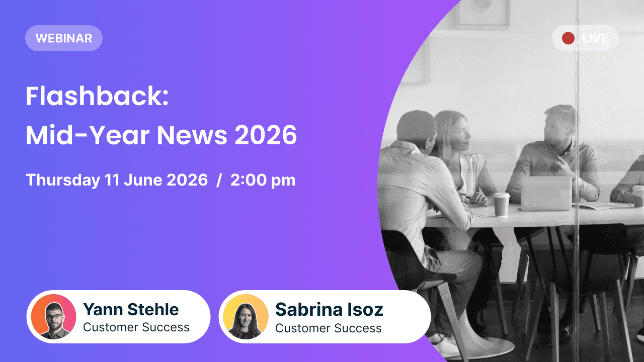 Promotional banner for a live webinar titled "Flashback: Mid-Year News 2026", scheduled for Thursday 11 June 2026 at 2:00 pm. The left side features a vibrant purple gradient background displaying the event details, a "LIVE" indicator, and profile badges for the speakers, Yann Stehle and Sabrina Isoz, both from Customer Success. The right side shows a black-and-white photo of professionals collaborating around an office meeting table.